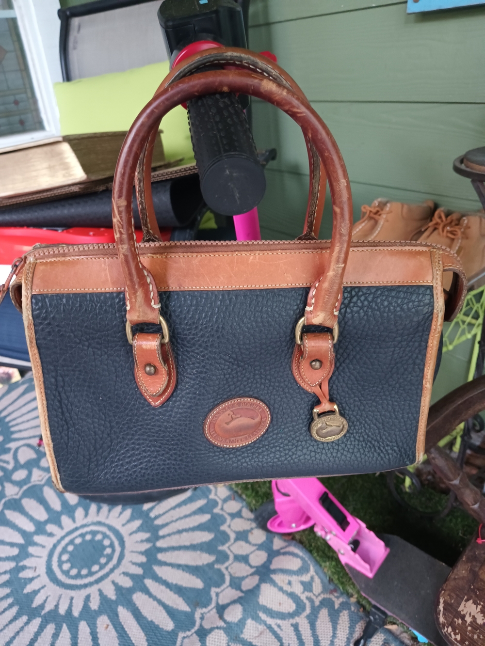 Vintage Dooney & Bourke Navy Pebbled Leather Satchel with Brown Trim